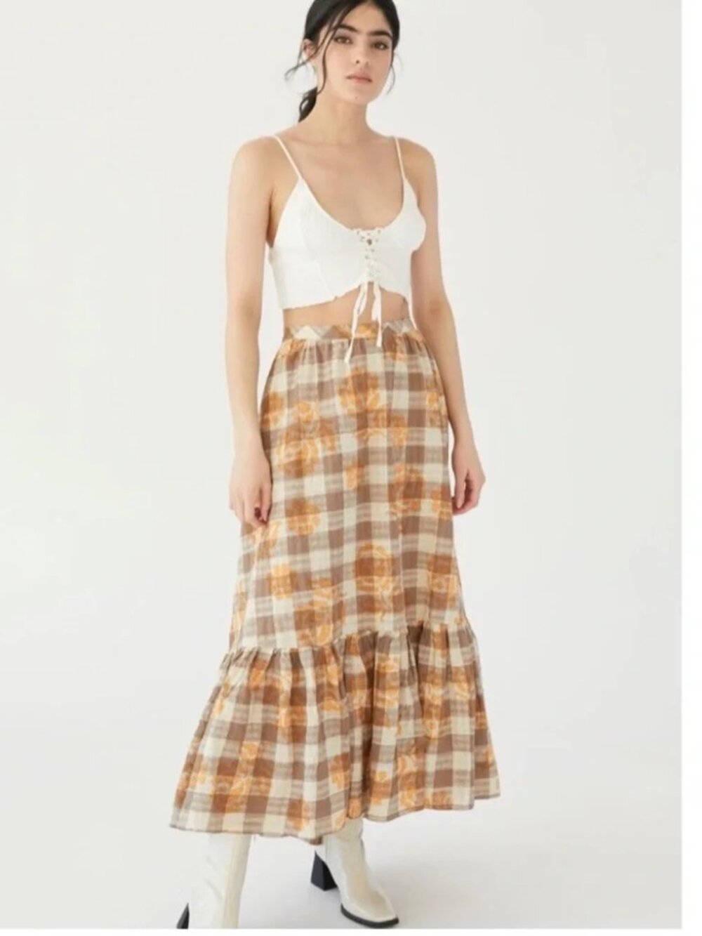 Urban Outfitters Million Miles Plaid Midi Skirt